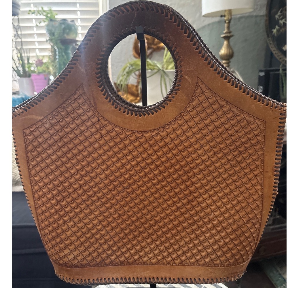 Vintage Hand Tooled Leather Handbag Artisan Boho Sculptural Tote - Picture 3 of 7